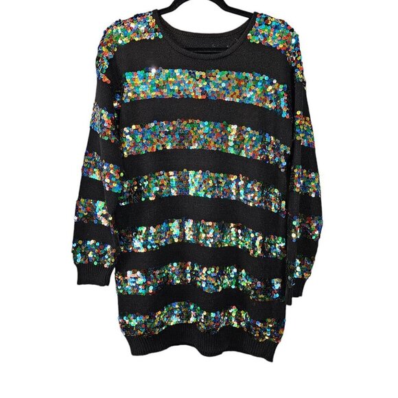 🔥Michelle Stuart Rainbow Sequins Stripe 80's Vintage Black Tunic Knit Dress - Picture 2 of 5